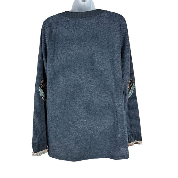 Mystree Womens Blue Long Sleeve Top With Floral Accents Size Small - Picture 8 of 9